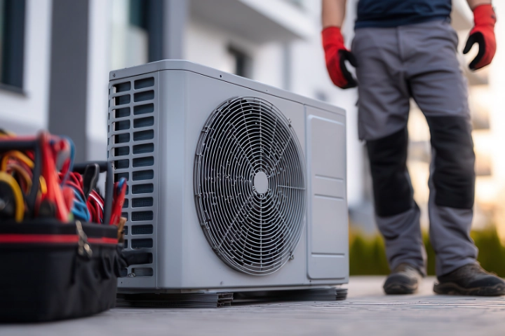 All Seasons HVAC technician standing next to a crossover solution heater.